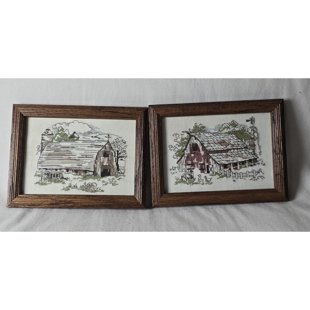Barn Cross Stitch Needlepoint‎ Framed Set Of 2 Country Grandma Cottagecore